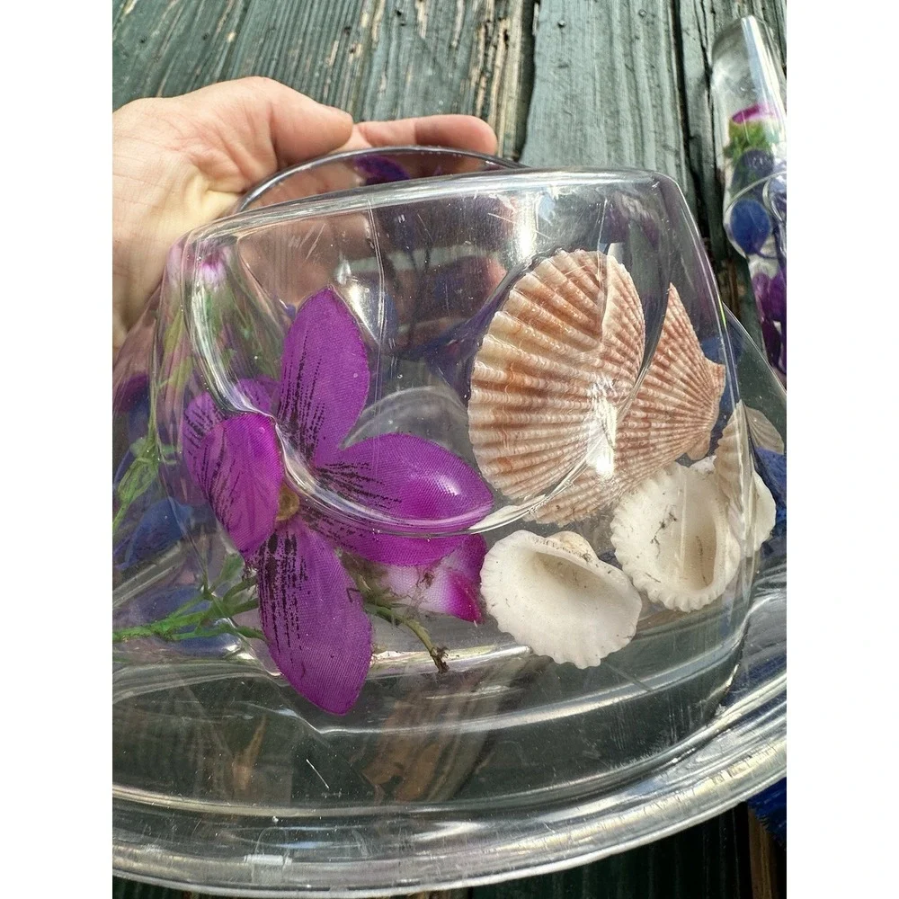 Toilet Brush and Holder Acrylic with Nature Seashell And Flowers Vintage